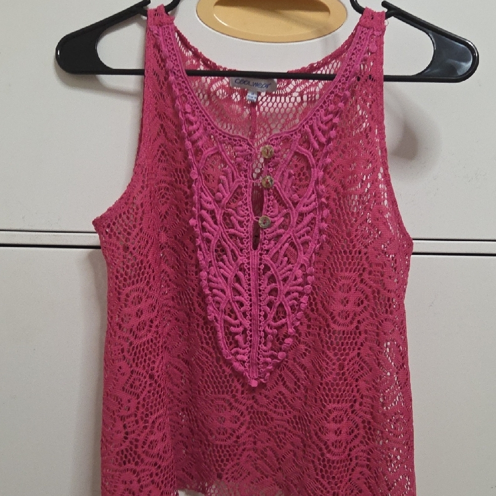 Hot Pink Crochet Lace Top Coolwear Boho Sleeveless Sheer Tank Medium [1023]